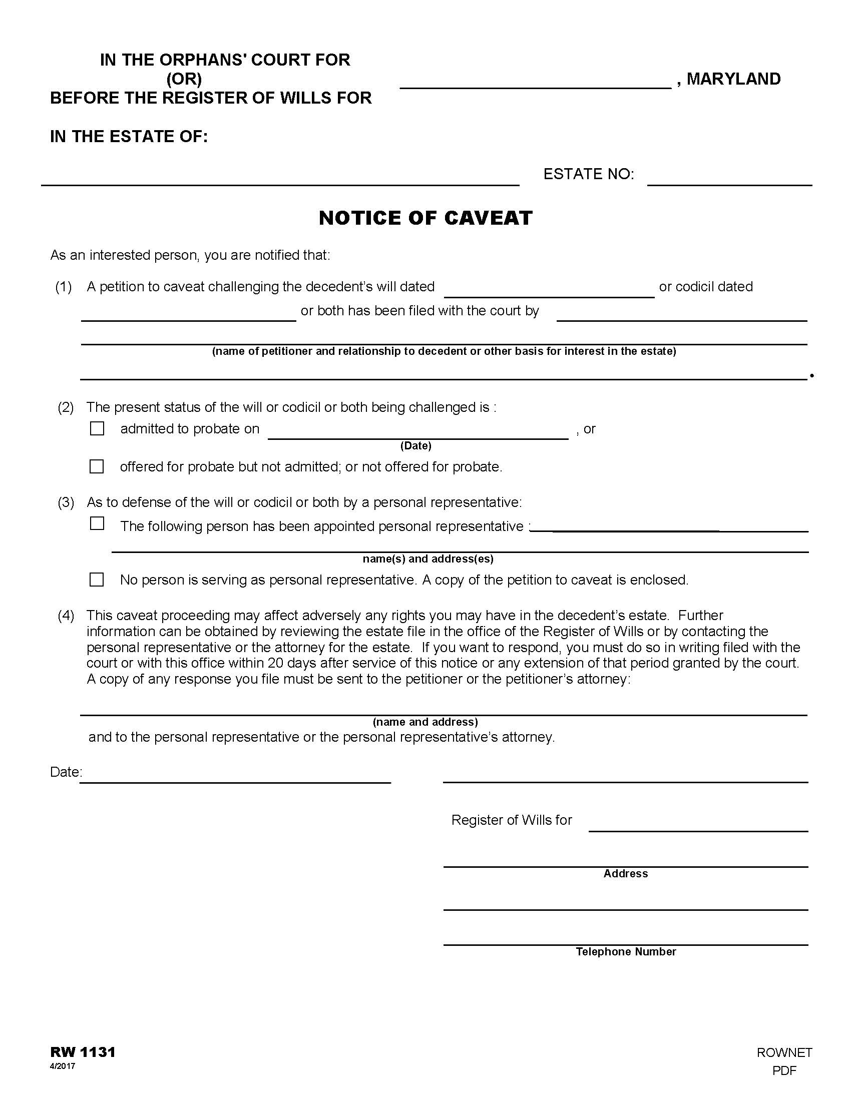 Notice Of Caveat {RW 1131} | Pdf Fpdf Doc Docx | Maryland