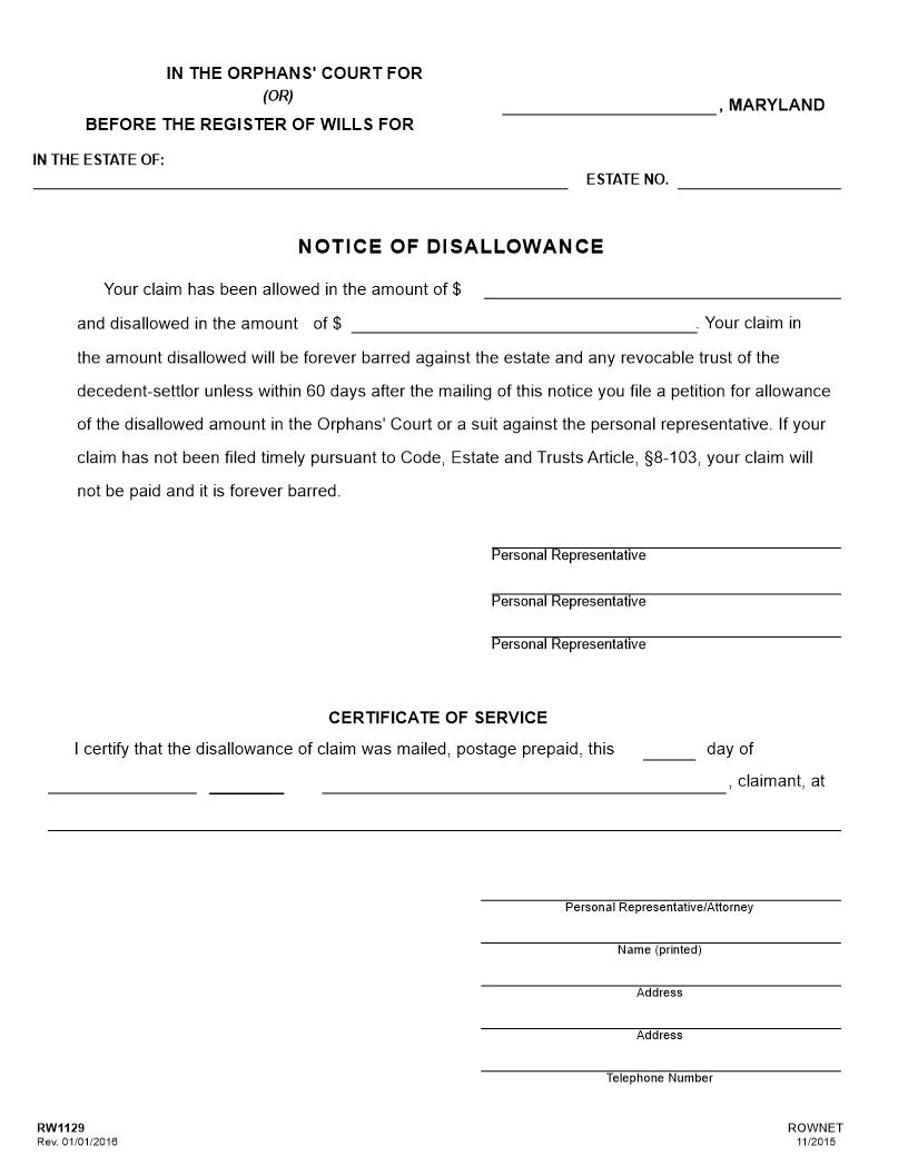 Notice Of Disallowance {RW 1129} | Pdf Fpdf Doc Docx | Maryland
