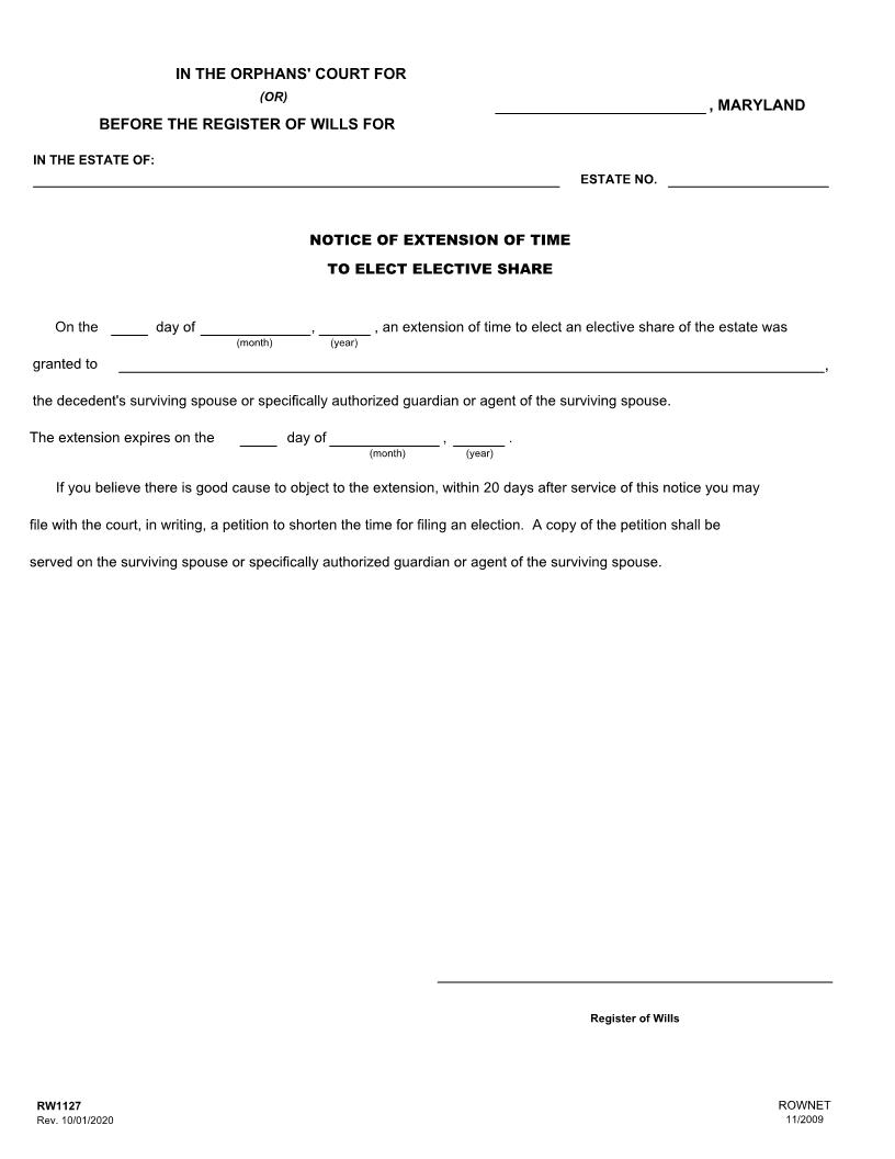 Notice Of Extension Of Time To Elect Statutory Share {RW 1127} | Pdf Fpdf Doc Docx | Maryland