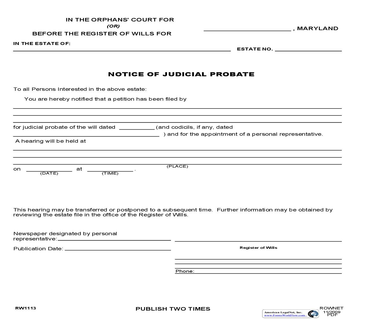 Notice Of Judicial Probate {RW 1113} | Pdf Fpdf Doc Docx | Maryland