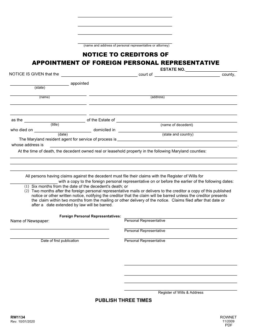 Notice To Creditors Of Appointment Of Foreign Personal Representative {RW 1134} | Pdf Fpdf Doc Docx | Maryland