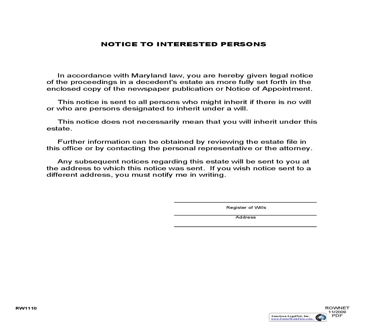 Notice To Interested Persons {RW 1110} | Pdf Fpdf Doc Docx | Maryland