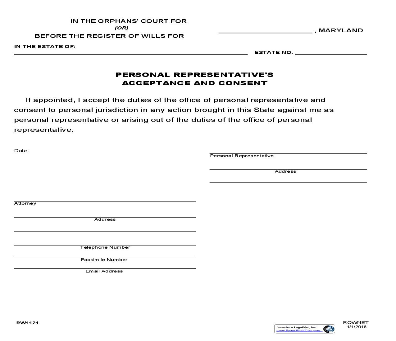 Personal Representatives Acceptance And Consent {RW 1121} | Pdf Fpdf Doc Docx | Maryland
