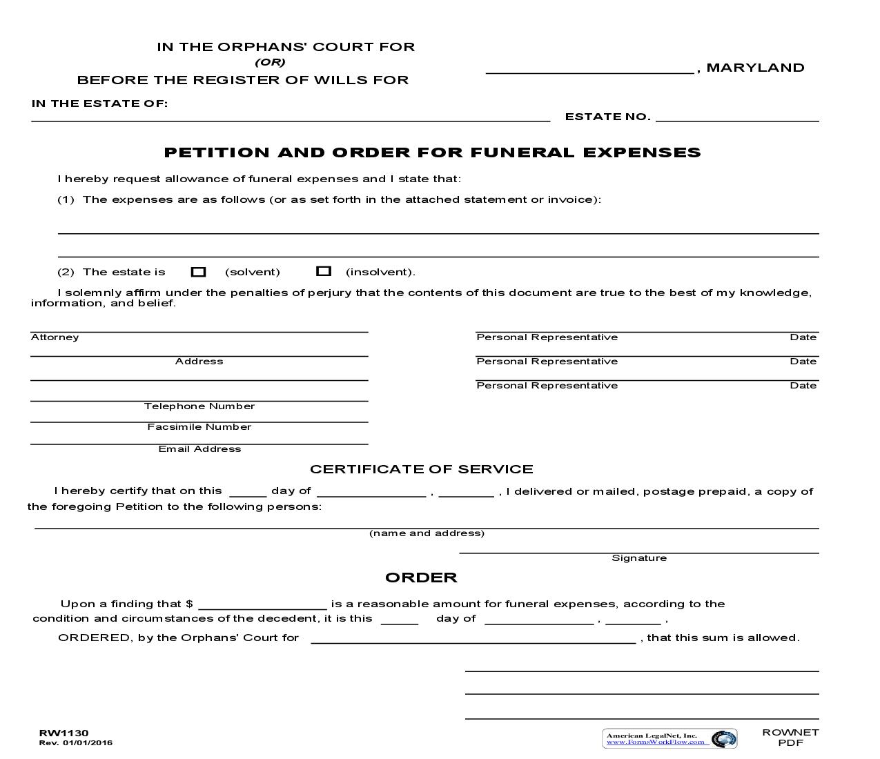 Petition And Order For Funeral Expenses {RW 1130} | Pdf Fpdf Doc Docx | Maryland