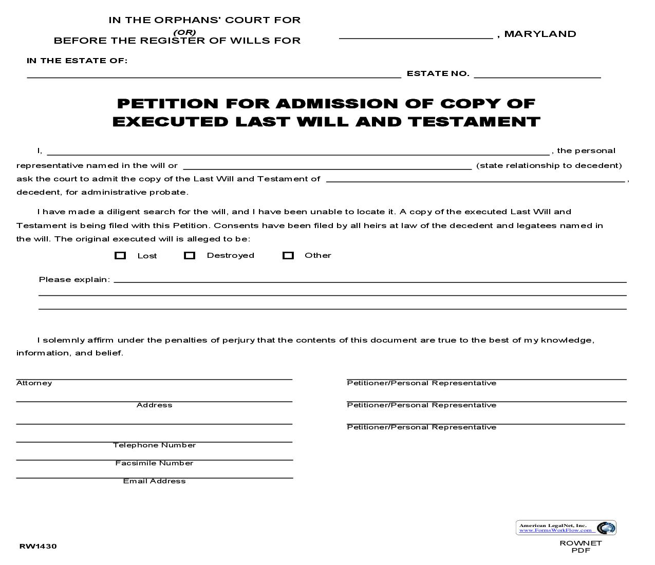 Petition For Admission Of Copy Of Executed Last Will And Testament {RW 1430} | Pdf Fpdf Doc Docx | Maryland