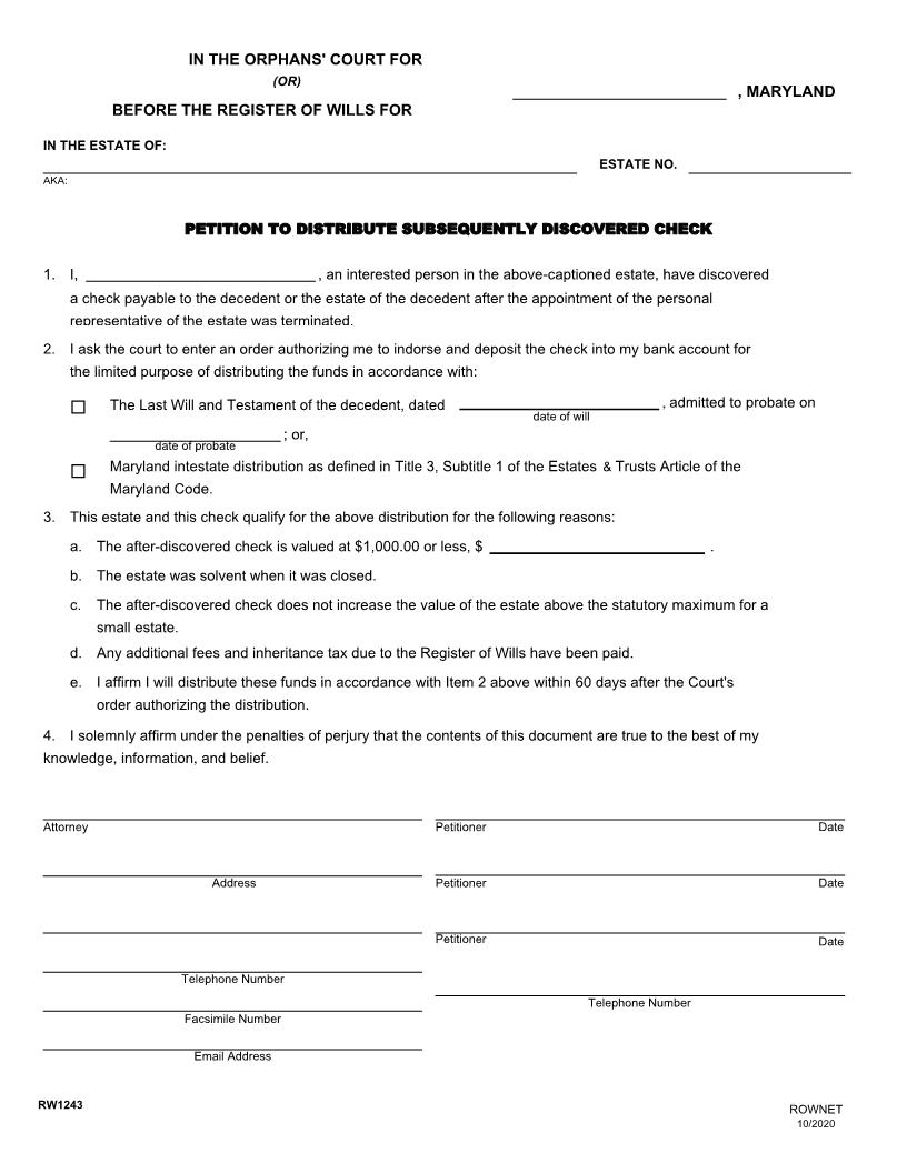 Petition To Distribute Subsequently Discovered Check {RW 1243} | Pdf Fpdf Docx | Maryland