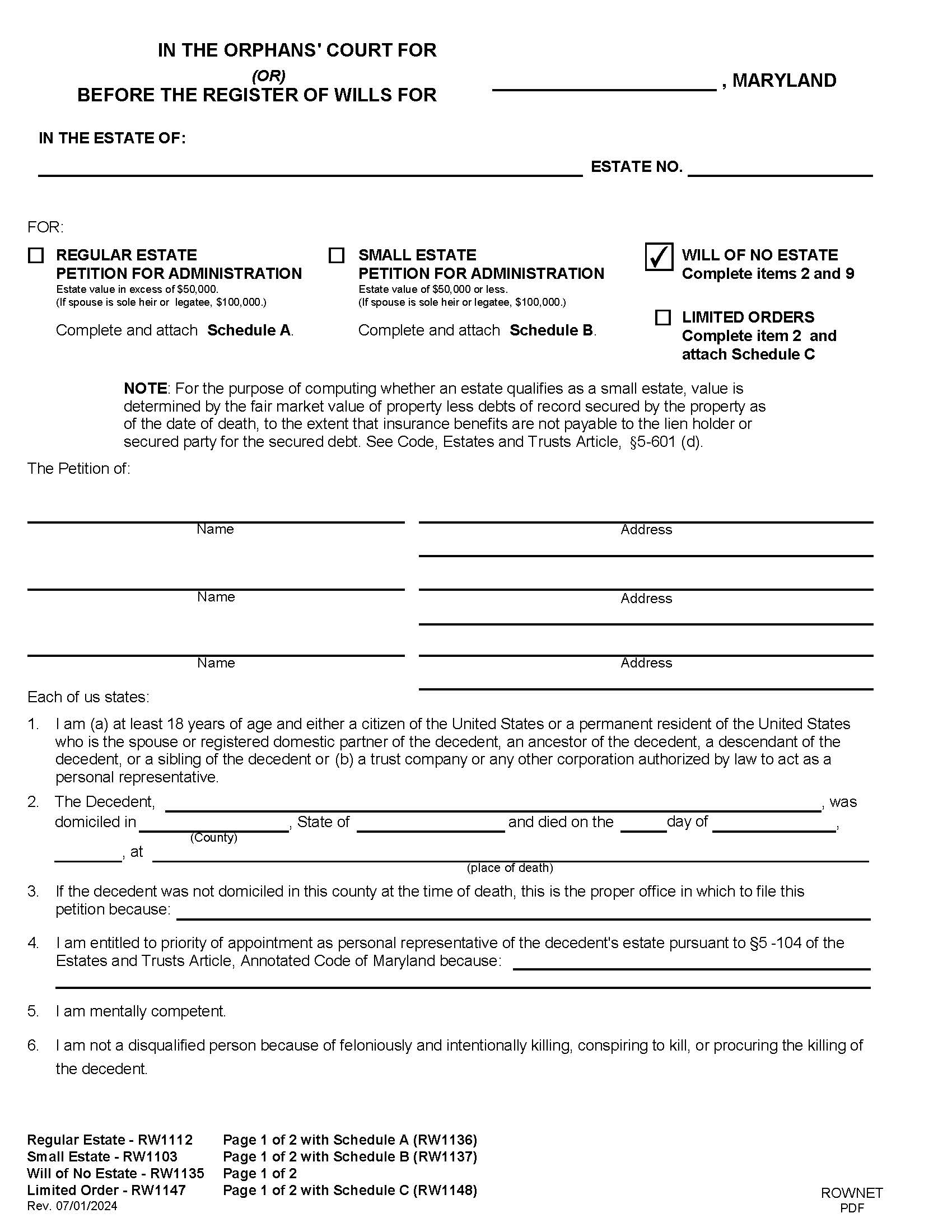 Petition for Administration of a Will of No Estate  {RW 1135} | Pdf Fpdf Doc Docx | Maryland