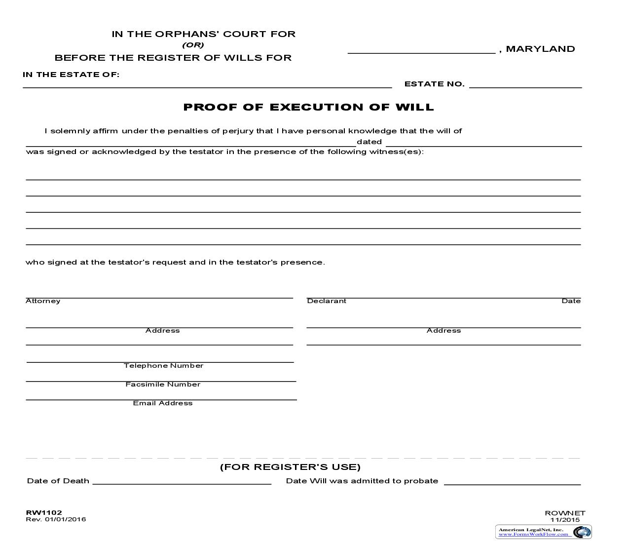 Proof Of Execution Of Will {RW 1102} | Pdf Fpdf Doc Docx | Maryland