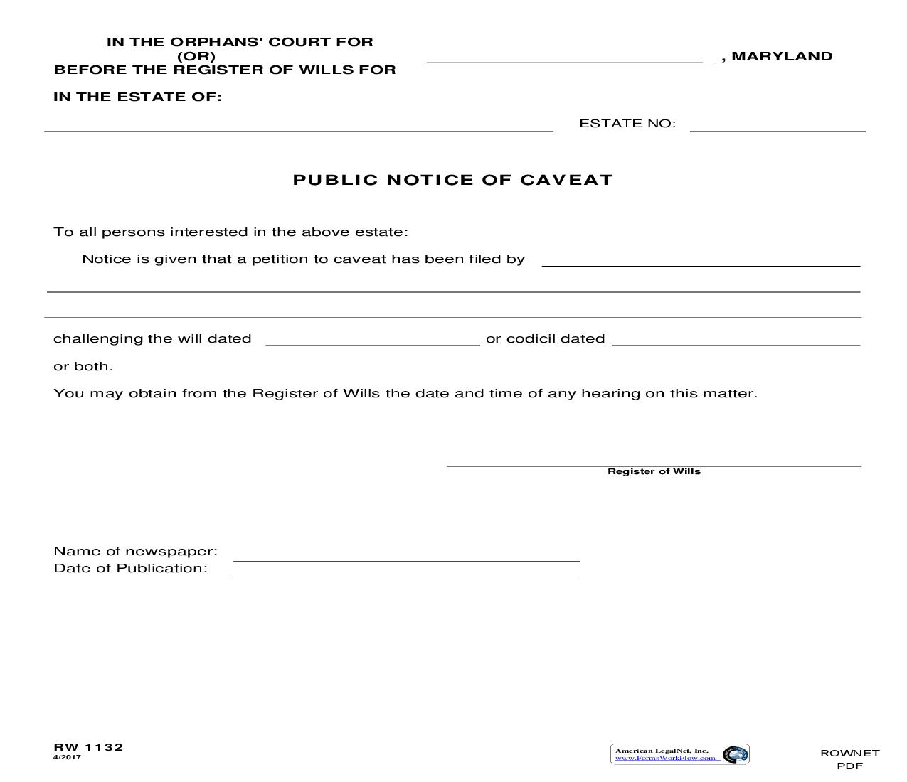 Public Notice Of Caveat {RW 1132} | Pdf Fpdf Doc Docx | Maryland