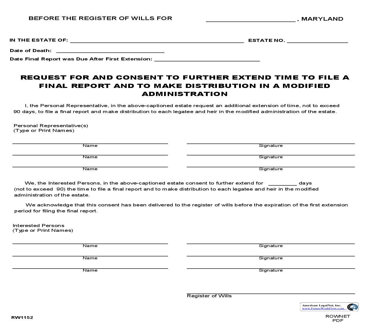 Request For And Consent To Further Extend Time To File A Final Report {RW 1152} | Pdf Fpdf Doc Docx | Maryland