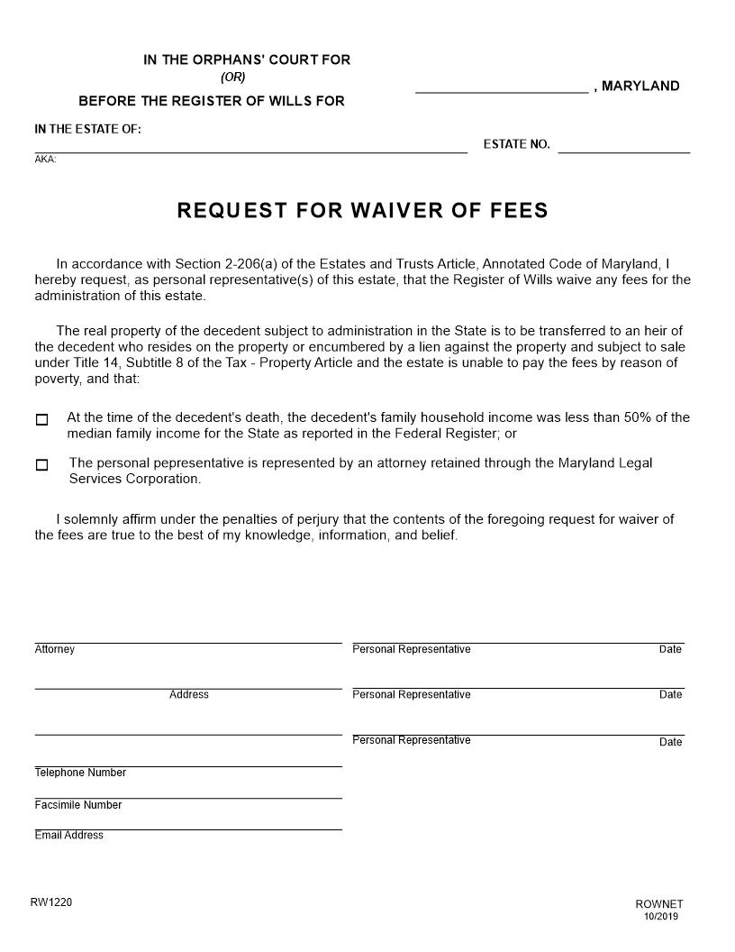 Request For Waiver Of Fees {RW 1220} | Pdf Fpdf Docx | Maryland
