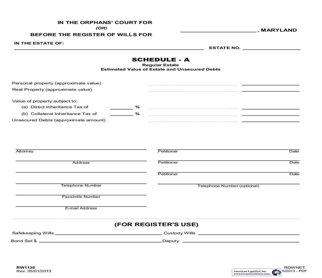 Schedule A Regular Estate Estimated Value Of Estate And Unsecured Debts {RW 1136} | Pdf Fpdf Doc Docx | Maryland