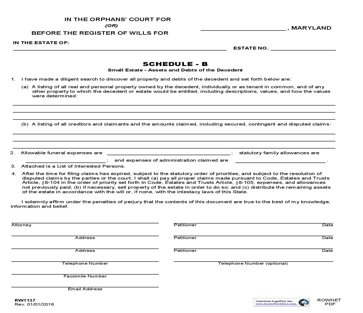 Schedule B Small Estate Assets And Debts Of Decedent {RW 1137} | Pdf Fpdf Doc Docx | Maryland