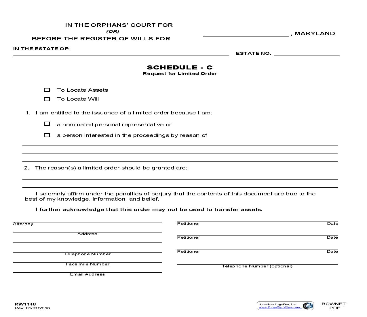 Schedule C - Request For Limited Order {RW 1148} | Pdf Fpdf Doc Docx | Maryland