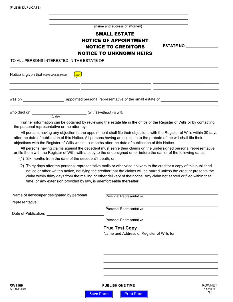 Small Estate Notice Of Appointment Notice To Creditors Notice To Unknown Heirs {RW 1109} | Pdf Fpdf Doc Docx | Maryland