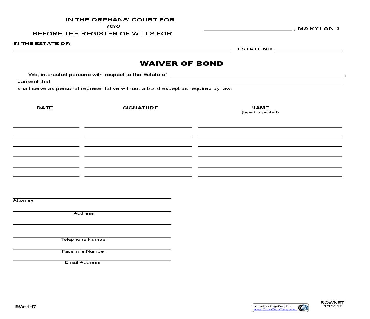 Waiver Of Bond {RW 1117} | Pdf Fpdf Doc Docx | Maryland