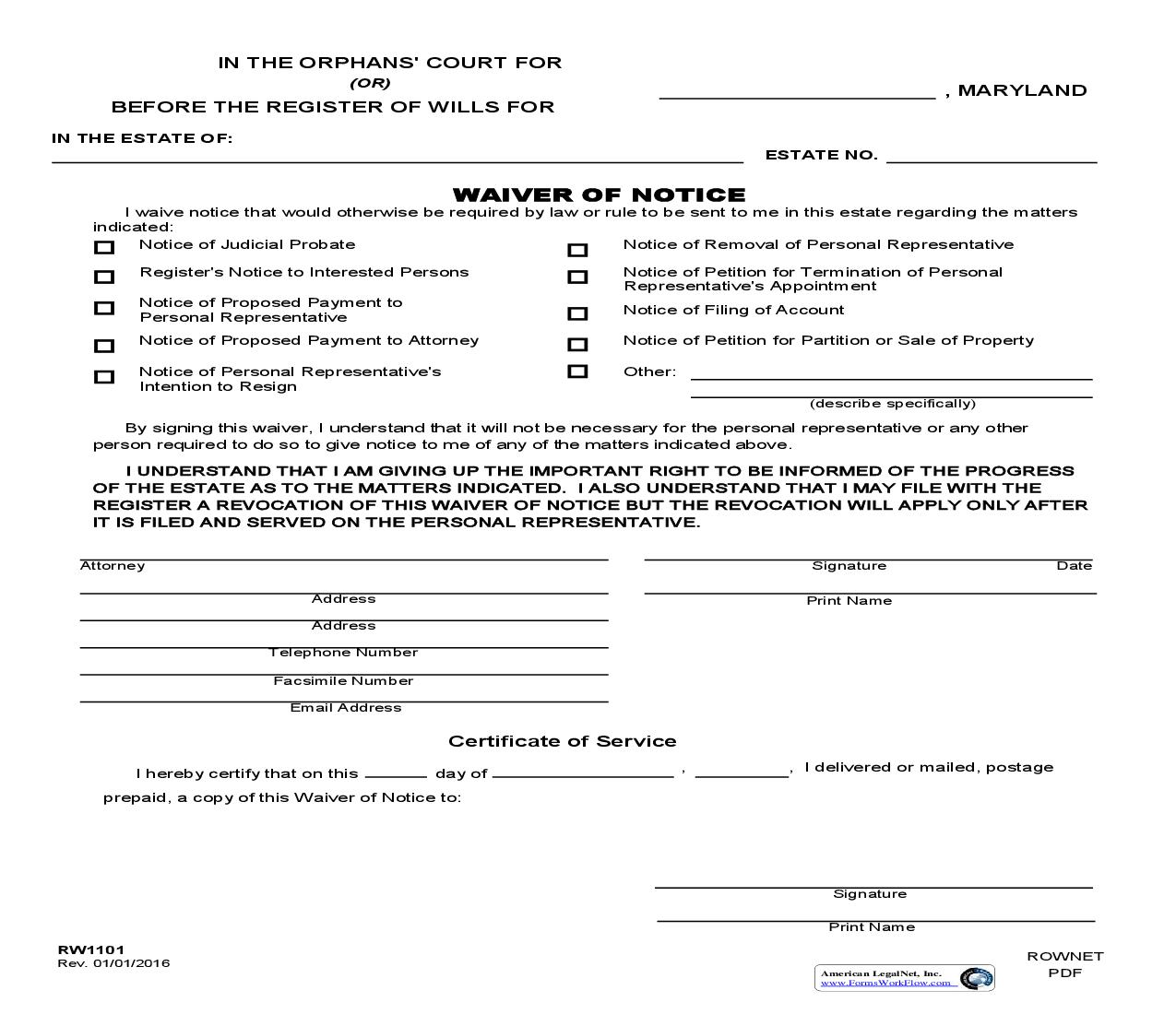 Waiver Of Notice {RW 1101} | Pdf Fpdf Doc Docx | Maryland