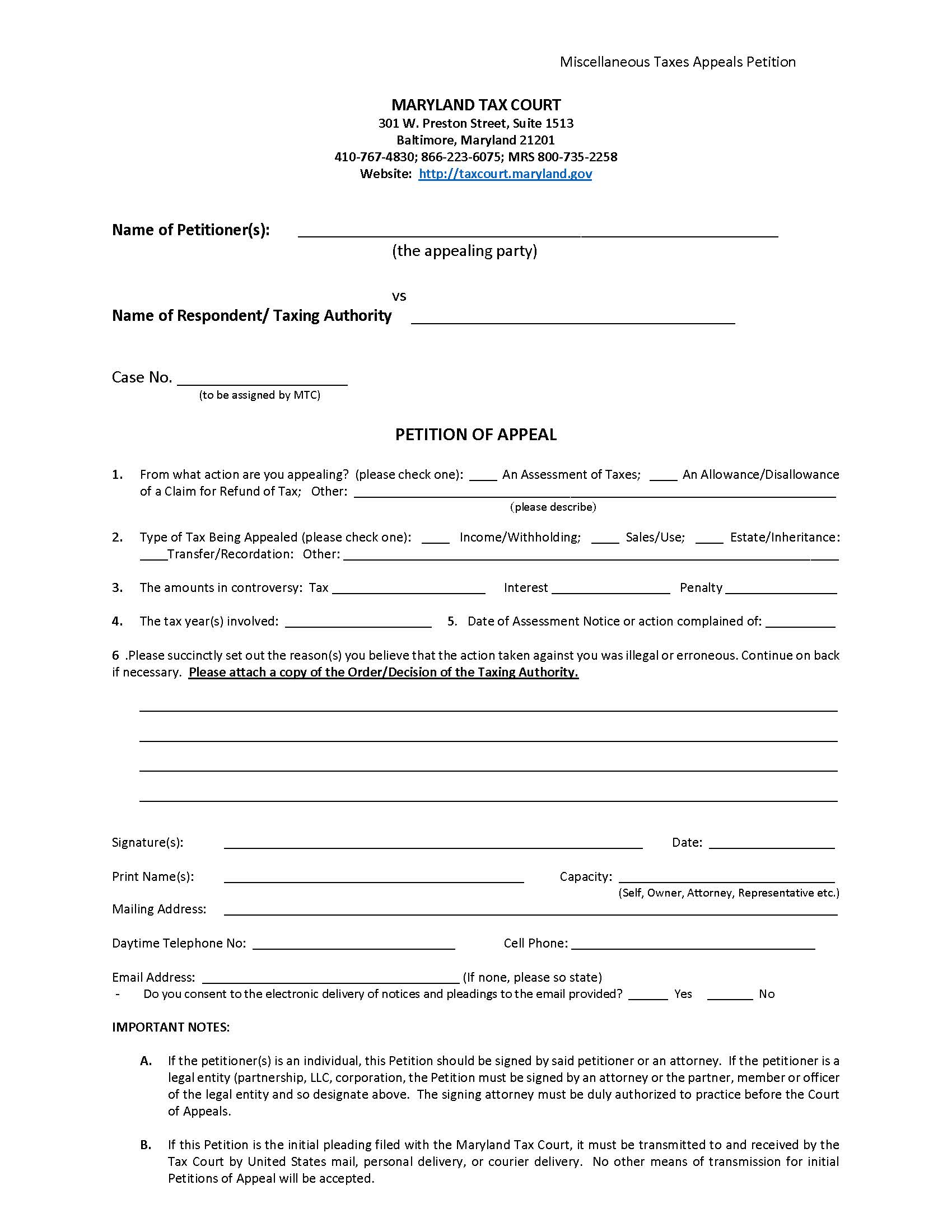Miscellaneous Taxes Appeals Petition | Pdf Fpdf Doc Docx | Maryland