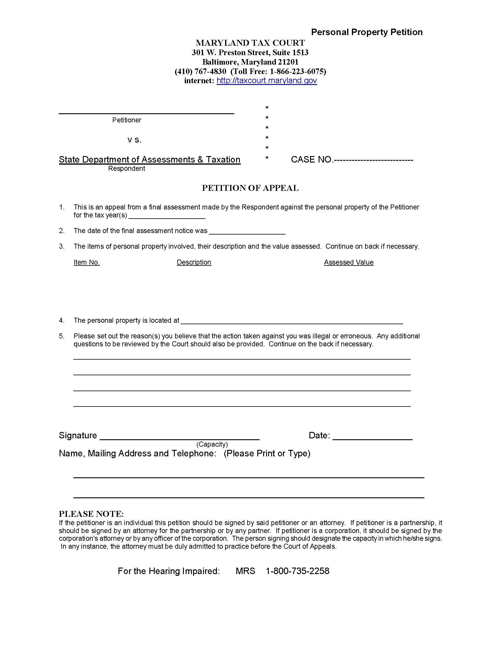 Personal Property Tax Petition Of Appeal | Pdf Fpdf Doc Docx | Maryland