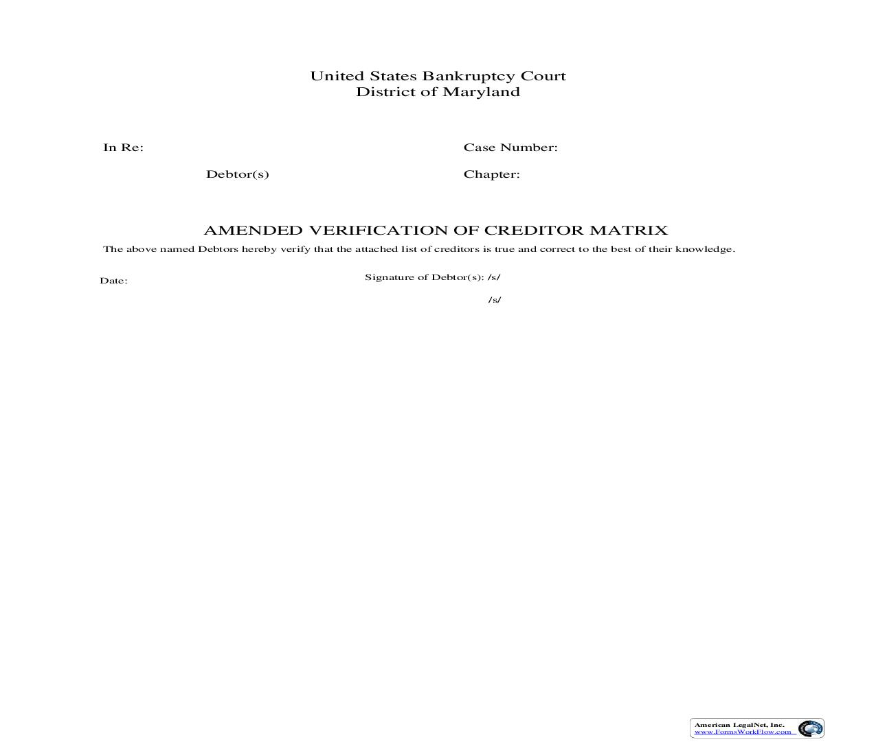 Amended Verification Of Creditor Matrix | Pdf Fpdf Doc Docx | Maryland