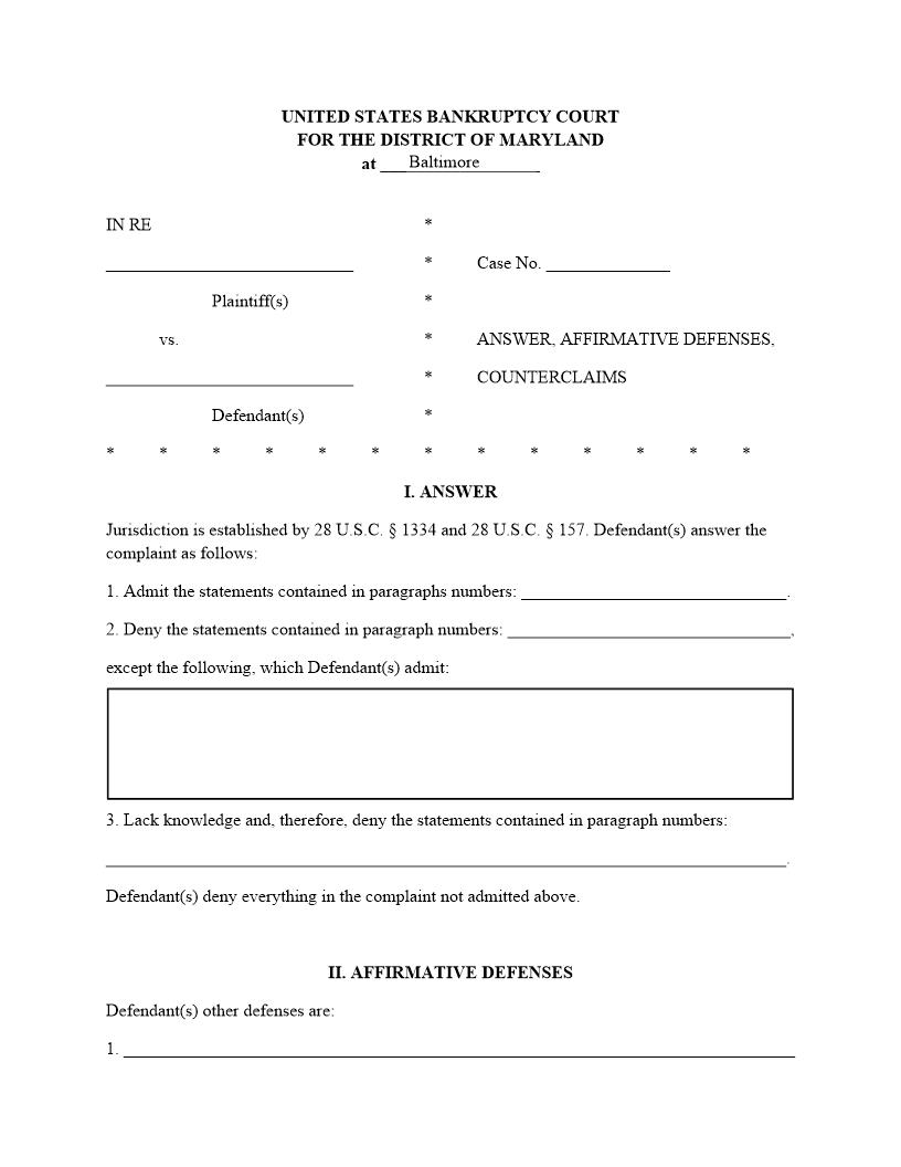 Answer (Pro Se) | Pdf Fpdf Docx | Maryland