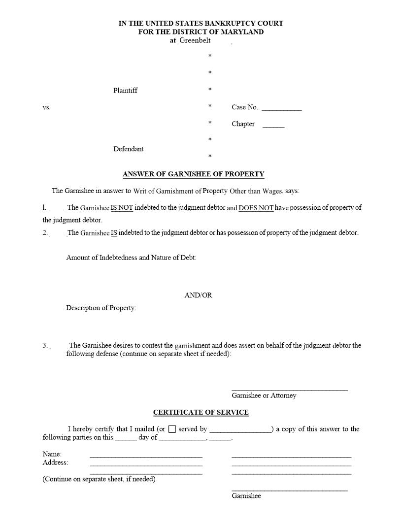 Answer Of Garnishee Of Property | Pdf Fpdf Doc Docx | Maryland