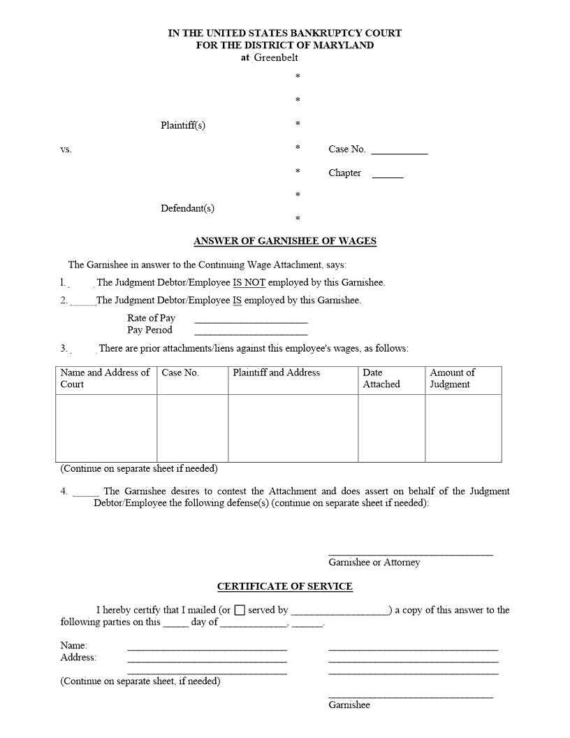 Answer Of Garnishee Of Wages | Pdf Fpdf Docx | Maryland