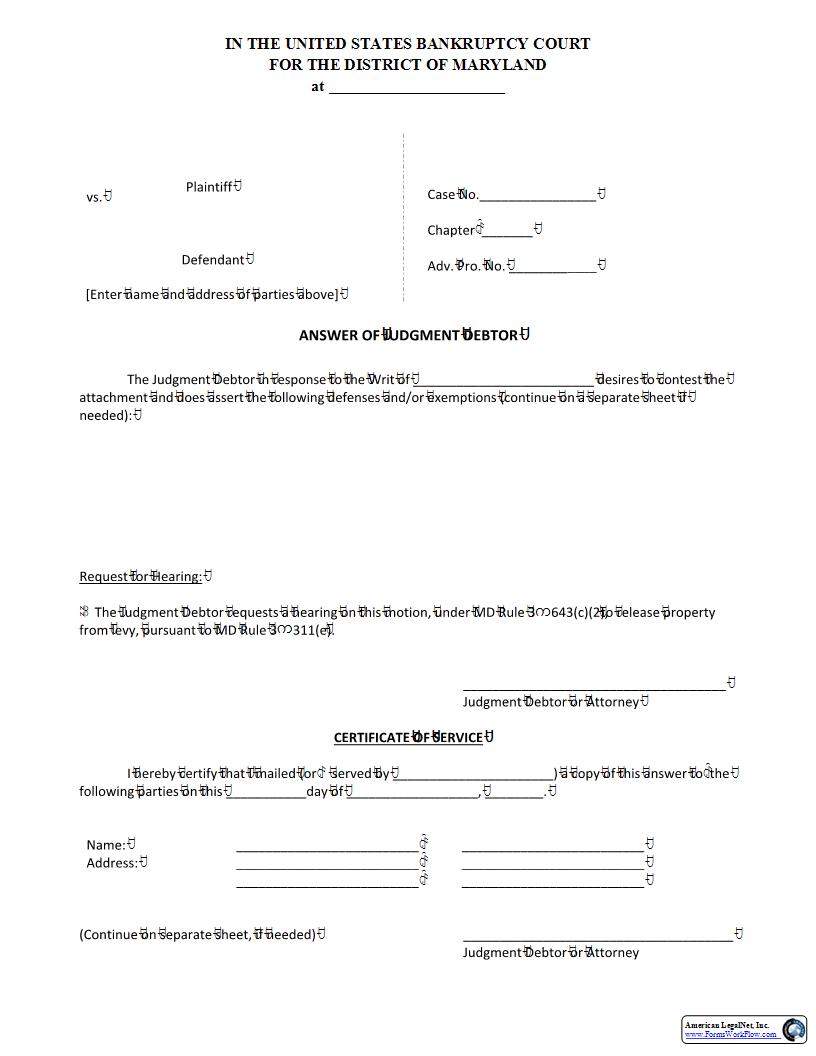 Answer Of Judgment Debtor | Pdf Fpdf Docx | Maryland