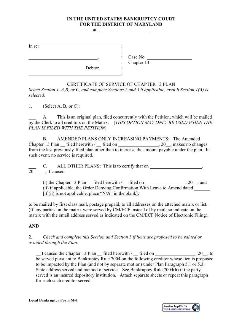 Certificate Of Service Of Chapter 13 Plan {LBF M-1} | Pdf Fpdf Docx | Maryland