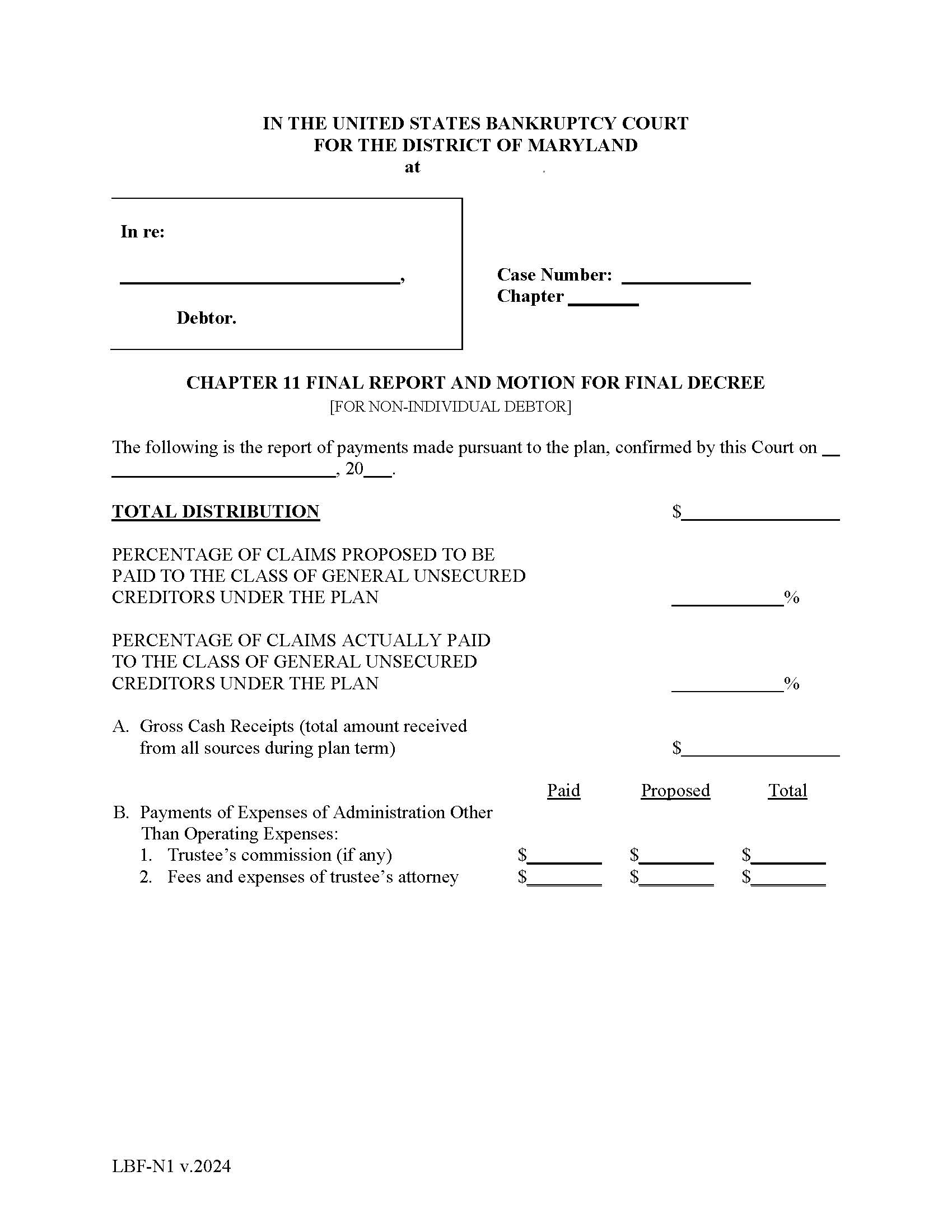 Chapter 11 Final Report And Motion For Final Decree {LBF N-1} | Pdf Fpdf Doc Docx | Maryland