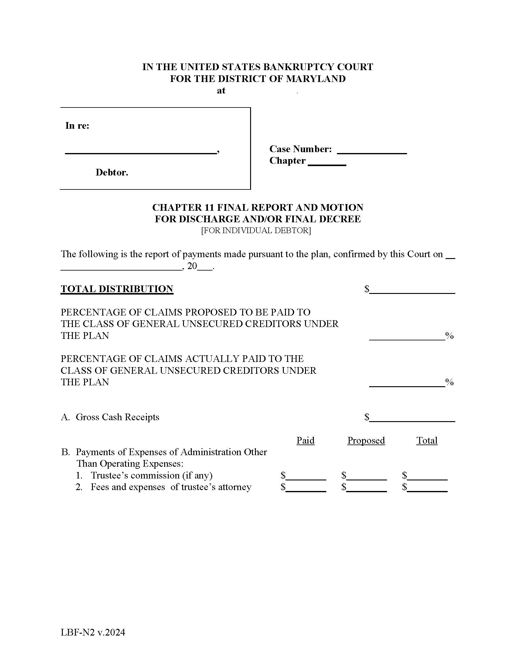 Chapter 11 Final Report And Motion For Final Decree (Individual Debtors) {LBF N-2} | Pdf Fpdf Docx | Maryland