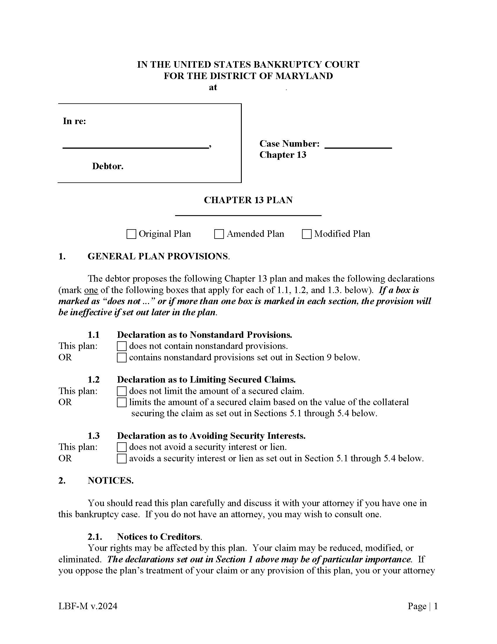 Chapter 13 Plan {LBF M} | Pdf Fpdf Docx | Maryland