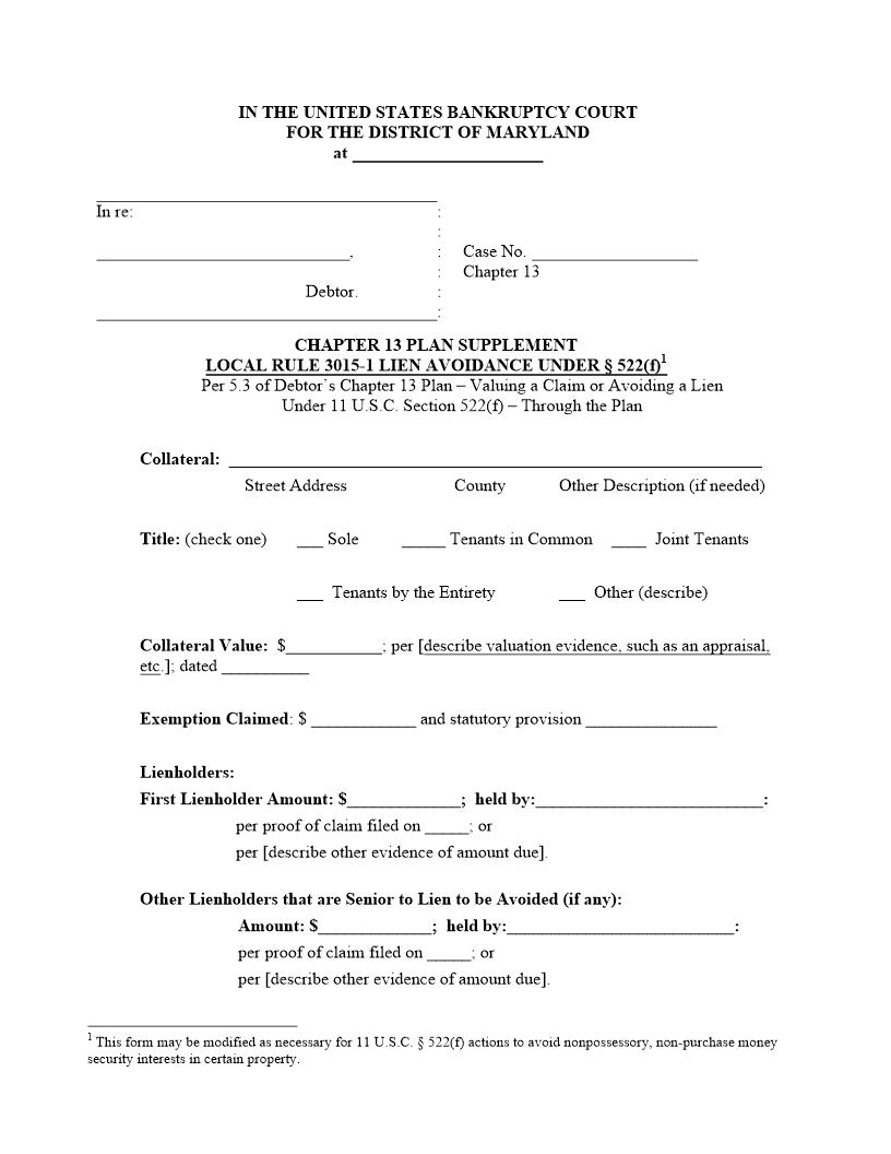 Chapter 13 Plan Supplement 3015-1 Lien Avoidance | Pdf Fpdf Docx | Maryland