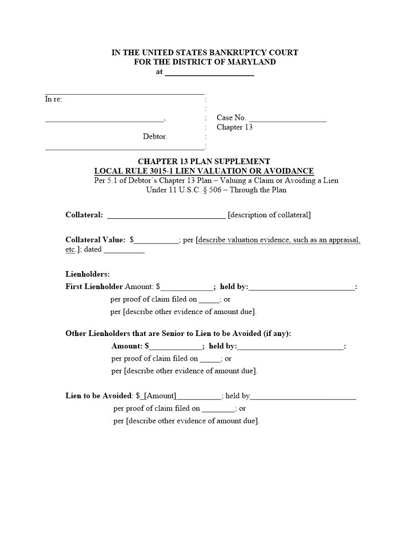 Chapter 13 Plan Supplement 506 Lien Valuation Or Avoidance | Pdf Fpdf Docx | Maryland