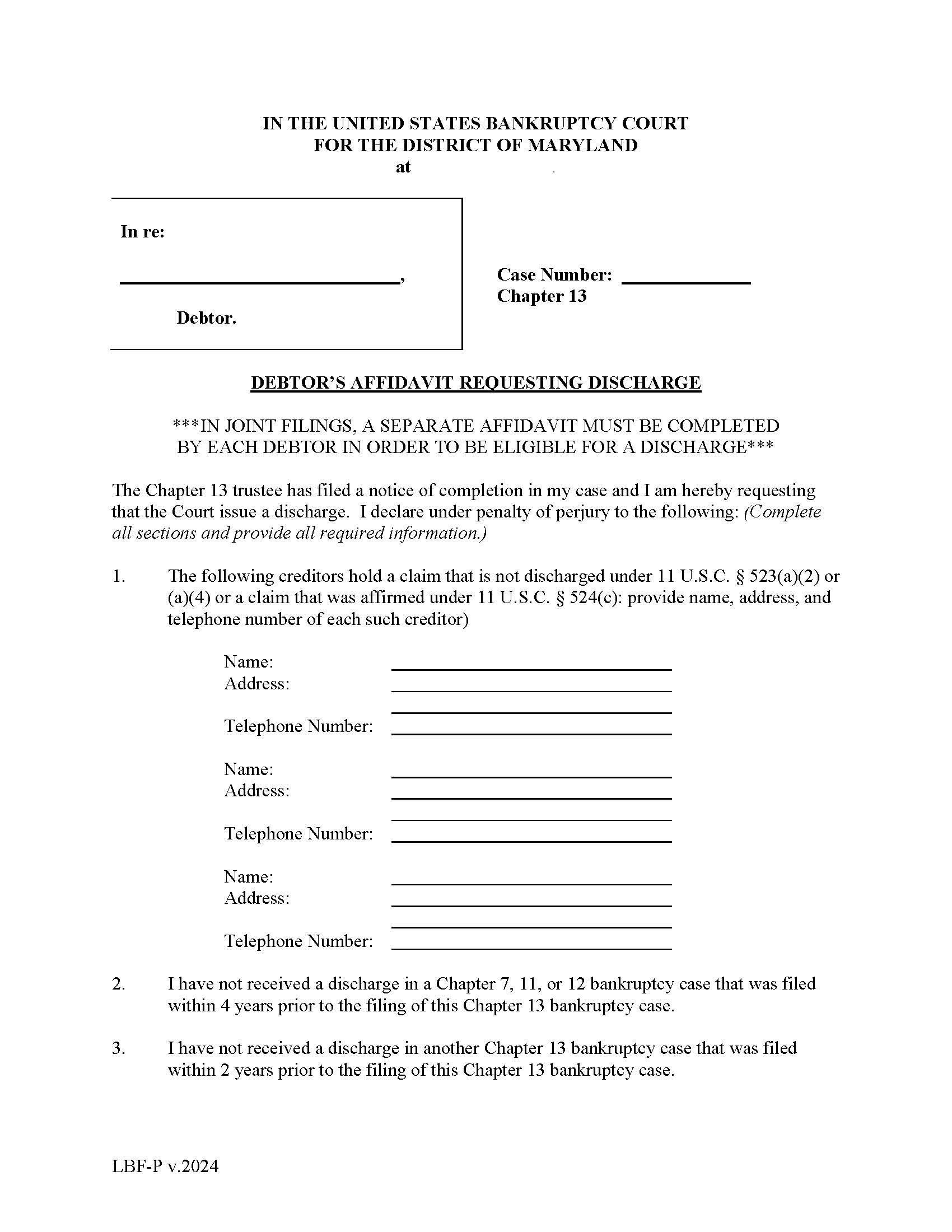 Debtors Affidavit Requesting Discharge {LBF P} | Pdf Fpdf Doc Docx | Maryland