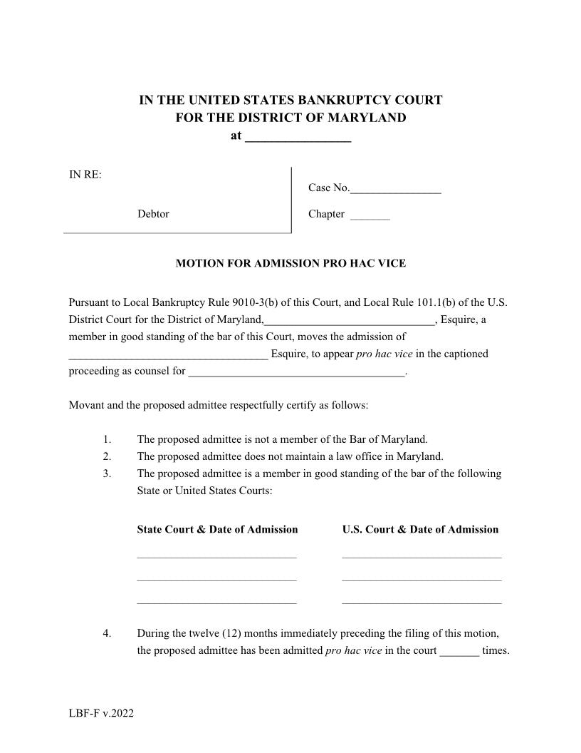 Motion For Admission Pro Hac Vice {LBF F} | Pdf Fpdf Doc Docx | Maryland