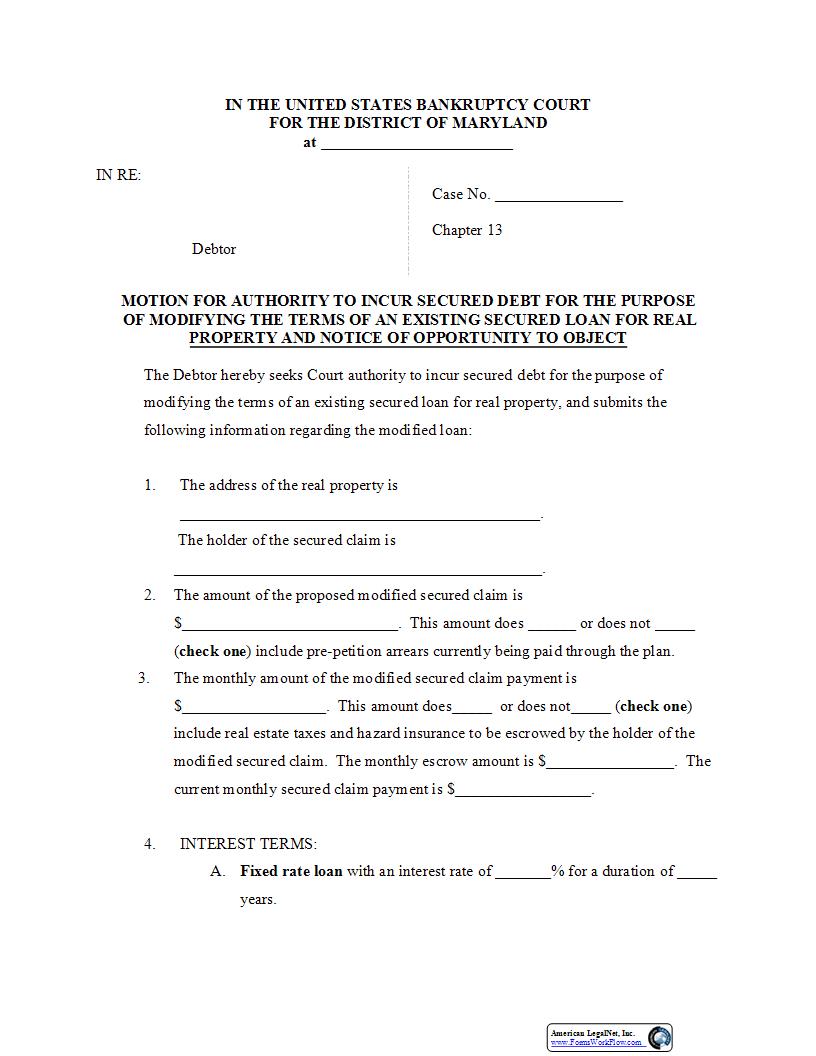 Motion For Authority To Incure Secured Debt For Modifying Existing Loan | Pdf Fpdf Docx | Maryland