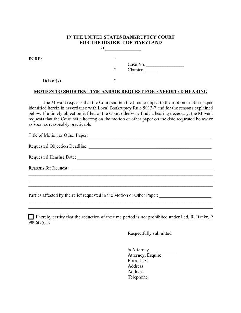 Motion to Shorten Time  And Or Request For Expedited Hearing | Pdf Fpdf Docx | Maryland