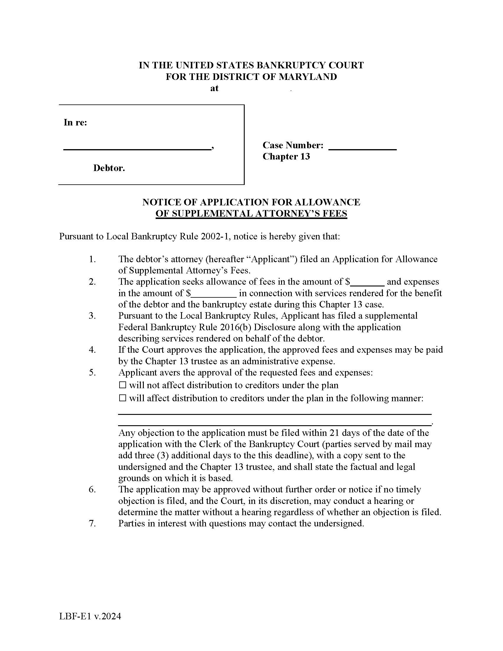 Notice Of Application For Supplemental Allowance Of Attorneys Fees {LBF E-1} | Pdf Fpdf Doc Docx | Maryland