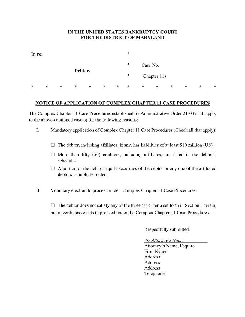 Notice Of Application Of Complex Chapter 11 Case Procedures | Pdf Fpdf Docx | Maryland