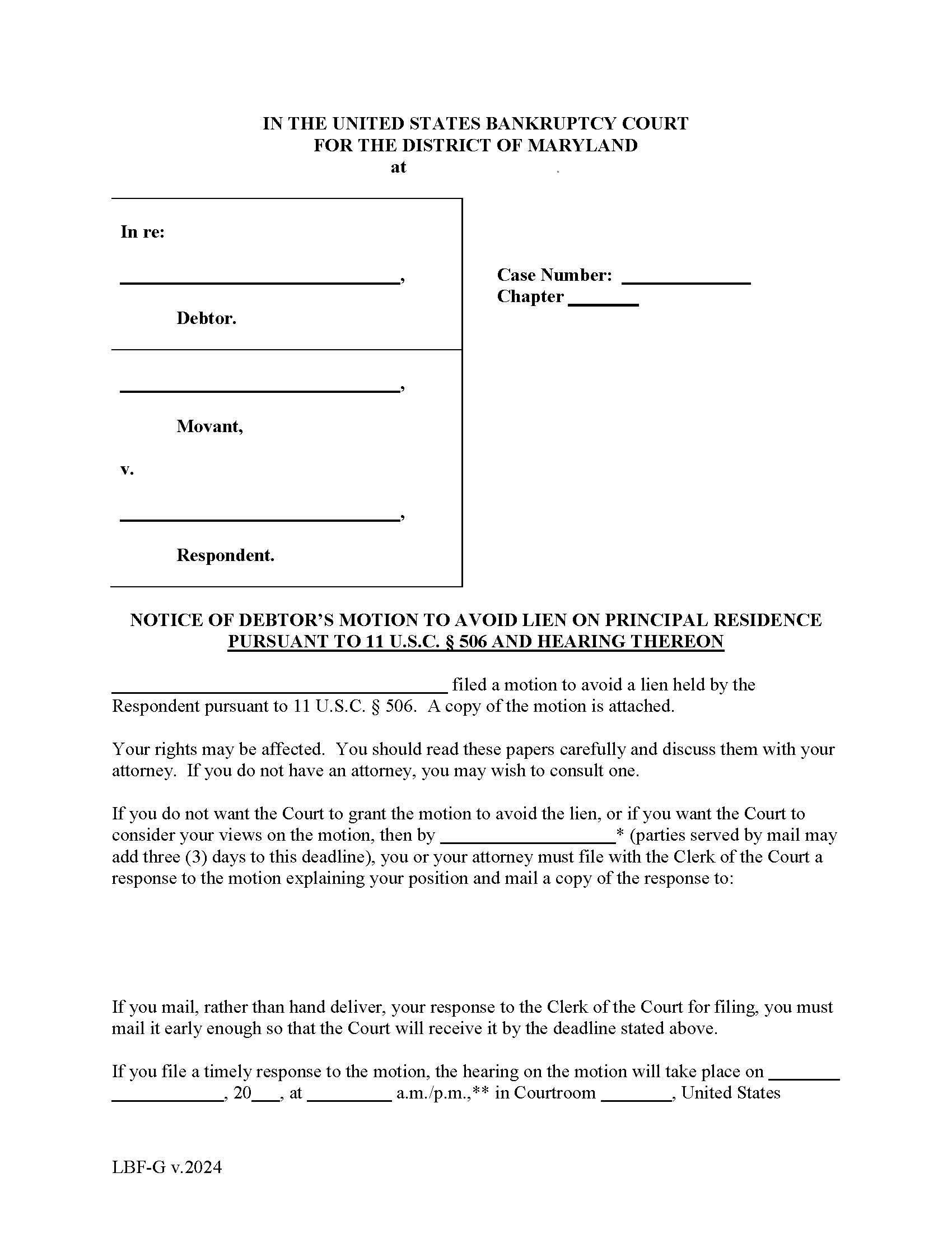Notice Of Debtors Motion To Avoid Lien On Principal Residenc {LBF G} | Pdf Fpdf Doc Docx | Maryland