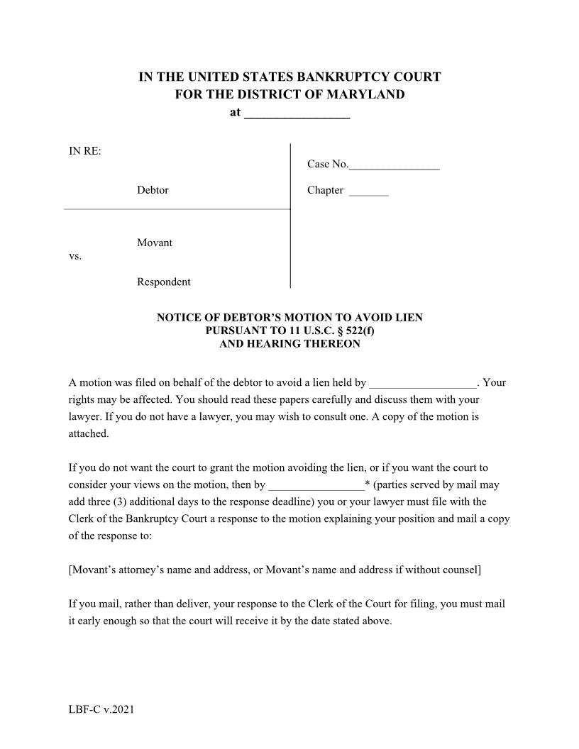 Notice Of Debtors Motion To Avoid Lien Pursuant To 11 USC 522(f)  {LBF C} | Pdf Fpdf Doc Docx | Maryland