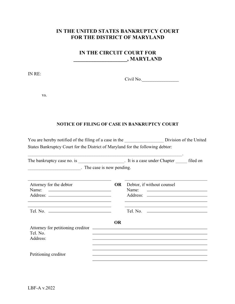 Notice Of Filing Of Case In Bankruptcy Court {LBF A} | Pdf Fpdf Doc Docx | Maryland
