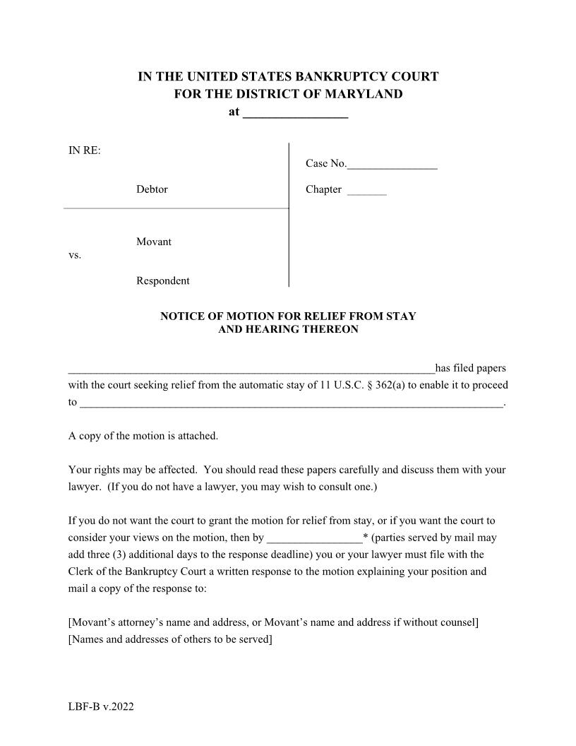 Notice Of Motion For Relief From Stay And Hearing Thereon {LBF B} | Pdf Fpdf Doc Docx | Maryland