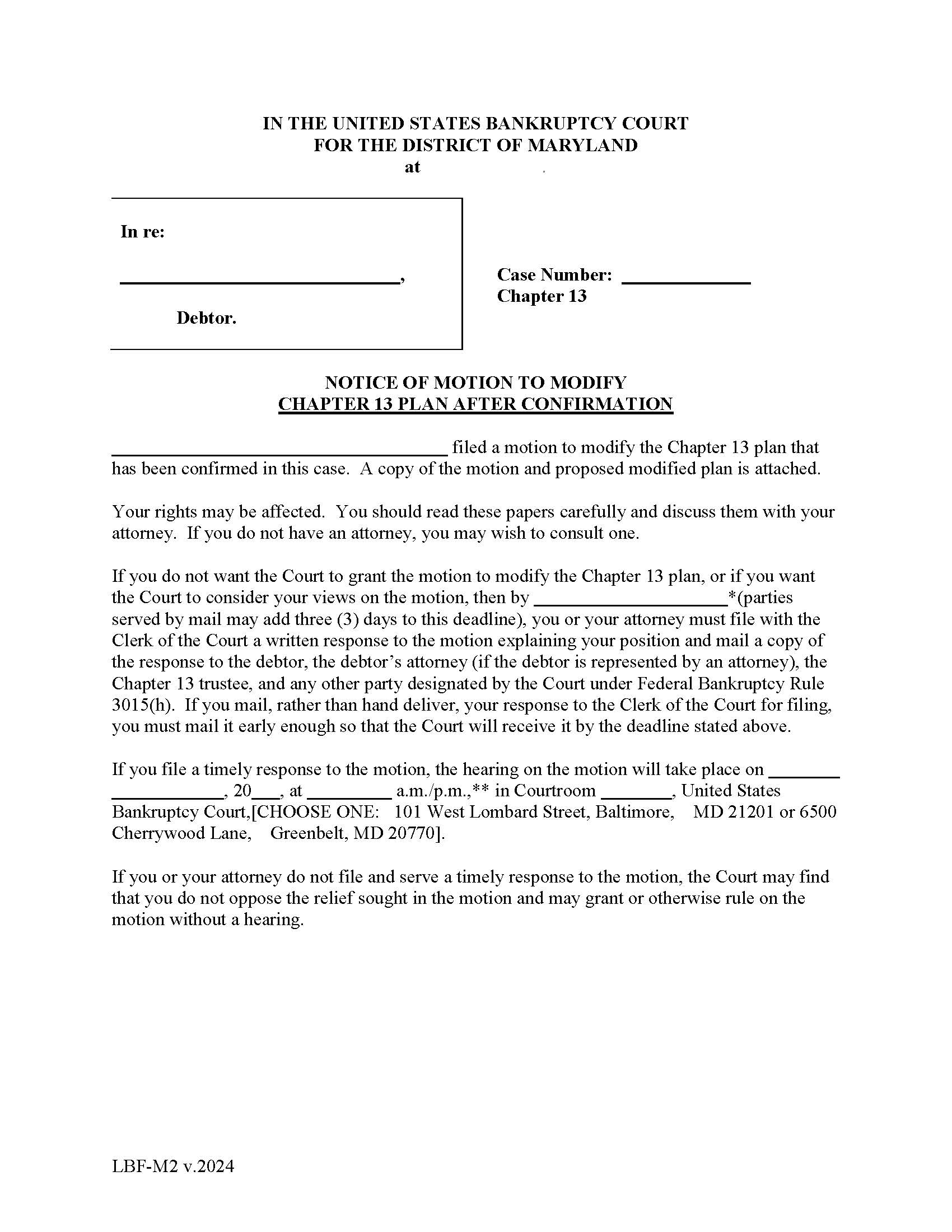 Notice Of Motion To Modify Chapter 13 Plan After Confirmation {LBF M-2} | Pdf Fpdf Docx | Maryland