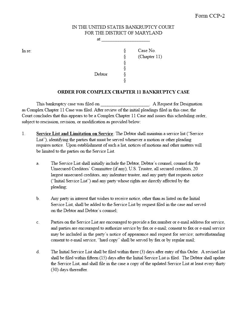 Order For Complex Chapter 11 Bankruptcy Case {CCP-2} | Pdf Fpdf Docx | Maryland
