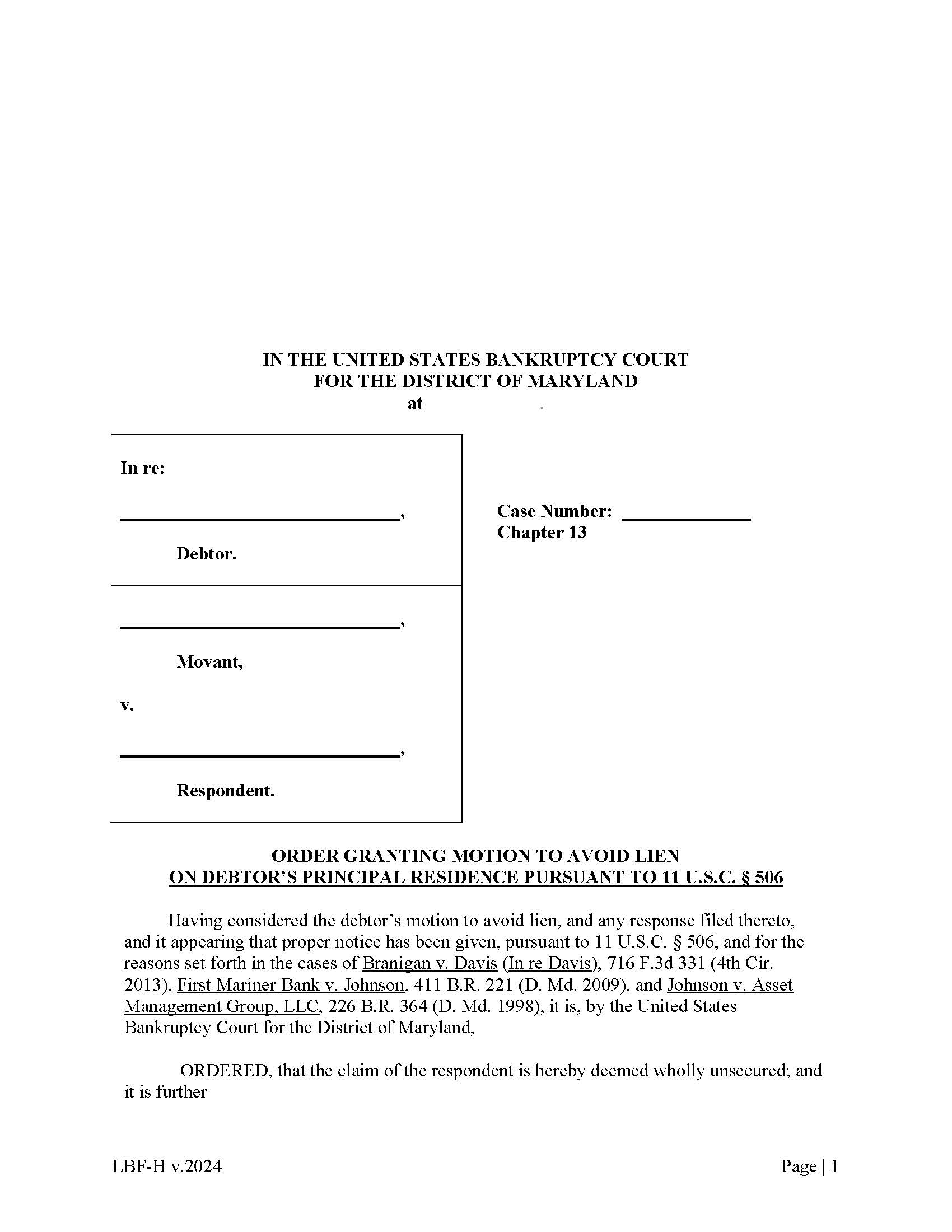 Order Granting Motion To Avoid Lien On Debtors Principal Residence {LBF H} | Pdf Fpdf Docx | Maryland