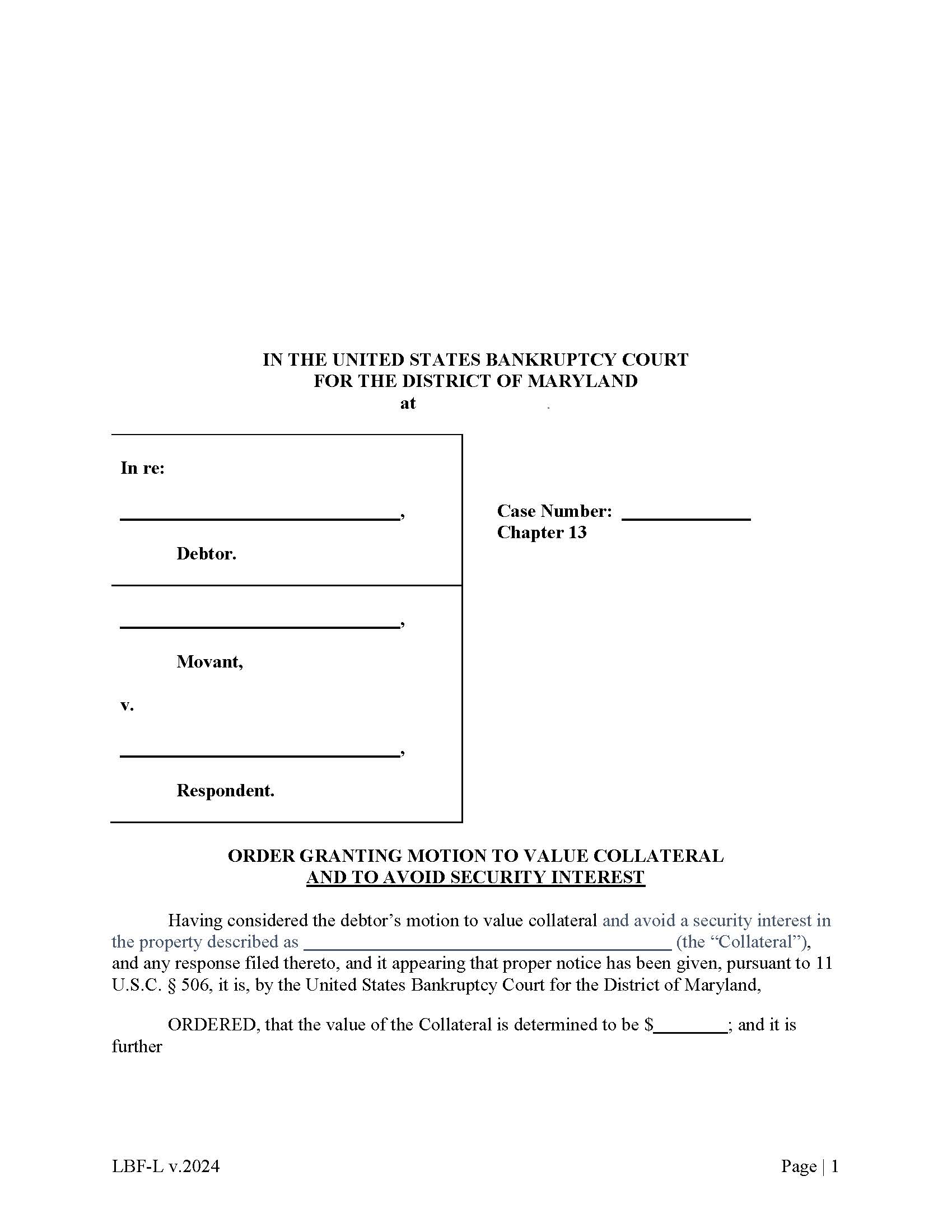 Order Granting Motion To Value Collateral And To Avoid Security Interest (Ch 13) {LBF L} | Pdf Fpdf Docx | Maryland