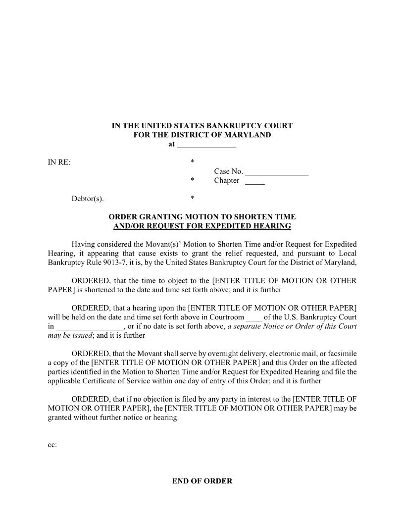 Order Granting Motion to Shorten Time And Or Request For Expedited Hearing | Pdf Fpdf Docx | Maryland