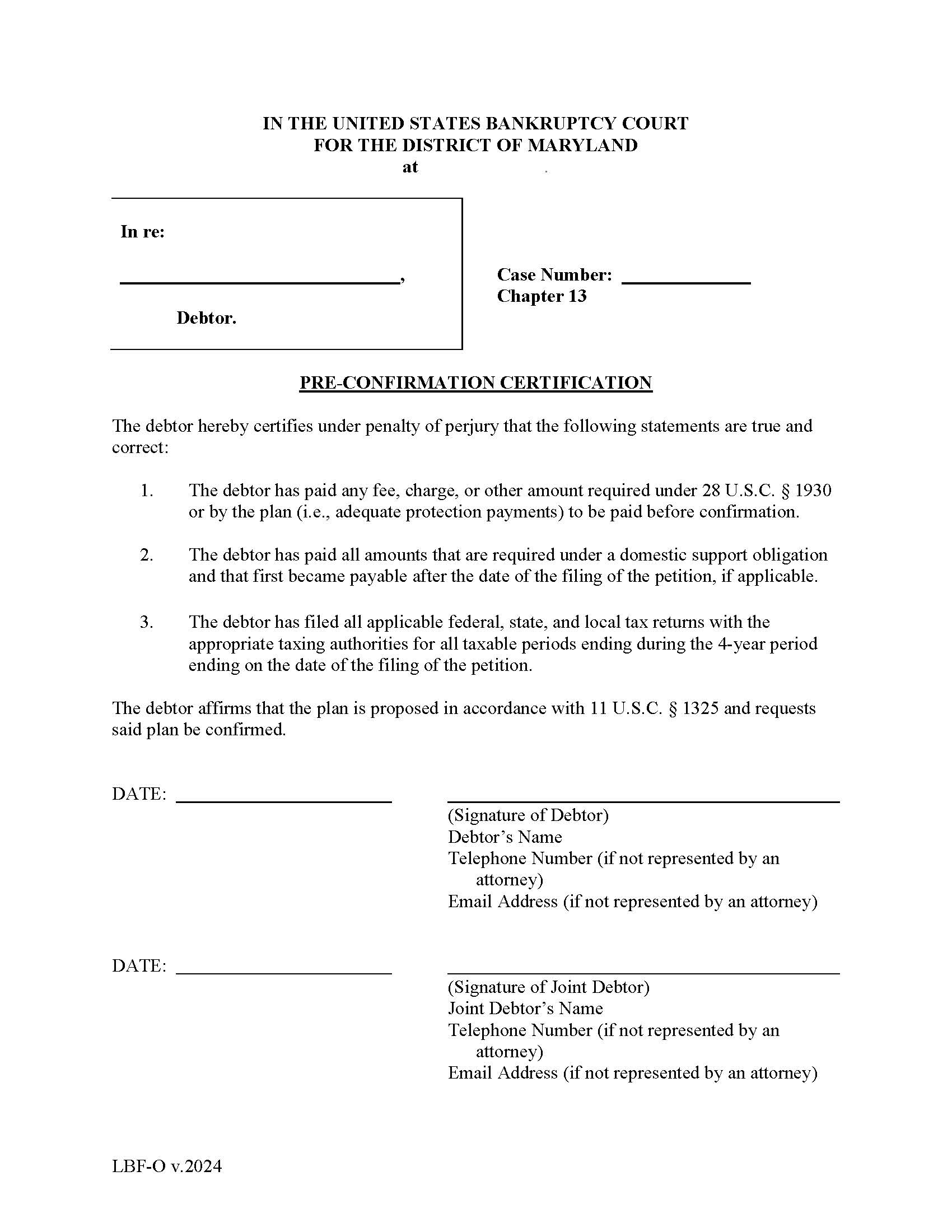 Pre-Confirmation Certificate {LBF O} | Pdf Fpdf Doc Docx | Maryland
